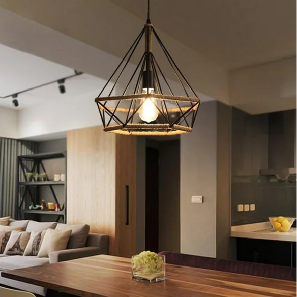 Vintage industrial pendant light with black metal wire shade and manila rope design, E27 socket.