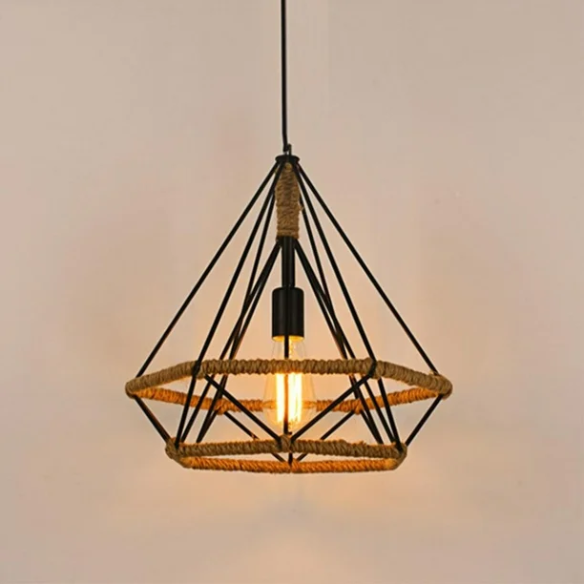 Vintage industrial pendant light with black metal wire shade and manila rope design, E27 socket.
