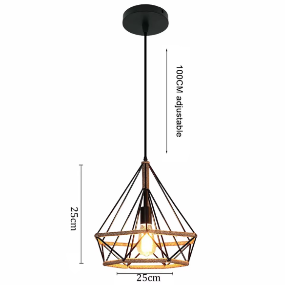 Vintage industrial pendant light with black metal wire shade and manila rope design, E27 socket.