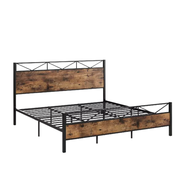 Walnut king-size industrial platform bed with black metal frame, wood panel headboard and footboard, and 12-slat no box spring design