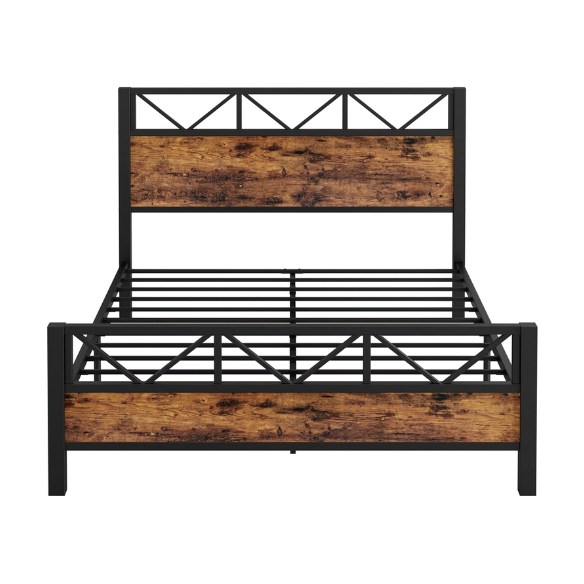 Walnut king-size industrial platform bed with black metal frame, wood panel headboard and footboard, and 12-slat no box spring design