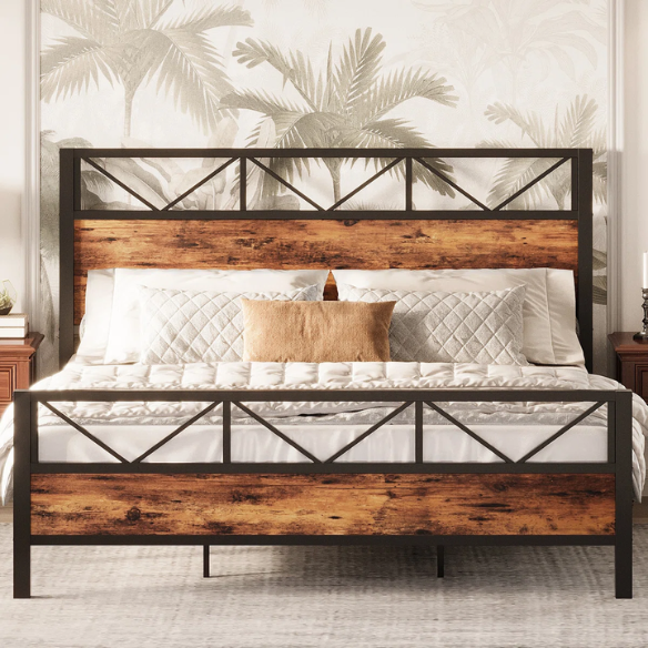 Walnut king-size industrial platform bed with black metal frame, wood panel headboard and footboard, and 12-slat no box spring design