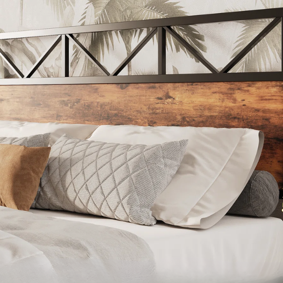 Walnut king-size industrial platform bed with black metal frame, wood panel headboard and footboard, and 12-slat no box spring design