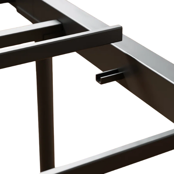 Walnut king-size industrial platform bed with black metal frame, wood panel headboard and footboard, and 12-slat no box spring design