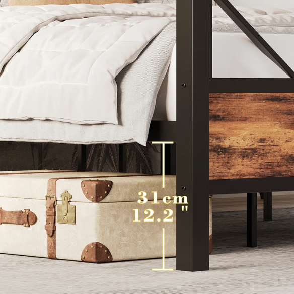 Walnut king-size industrial platform bed with black metal frame, wood panel headboard and footboard, and 12-slat no box spring design