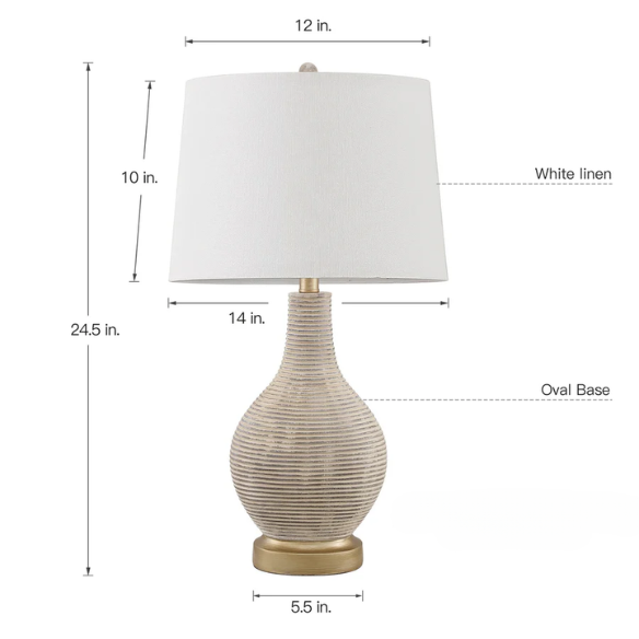Set of two 24.5-inch Washed Beige and Gold Farmhouse Table Lamps with White Linen Drum Shades
