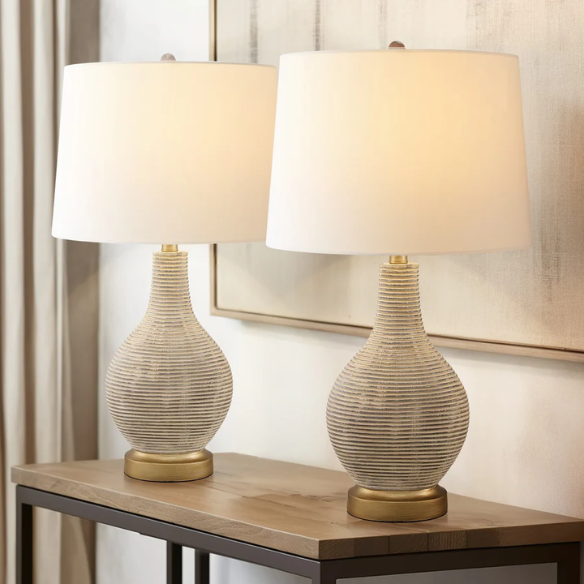 Set of two 24.5-inch Washed Beige and Gold Farmhouse Table Lamps with White Linen Drum Shades