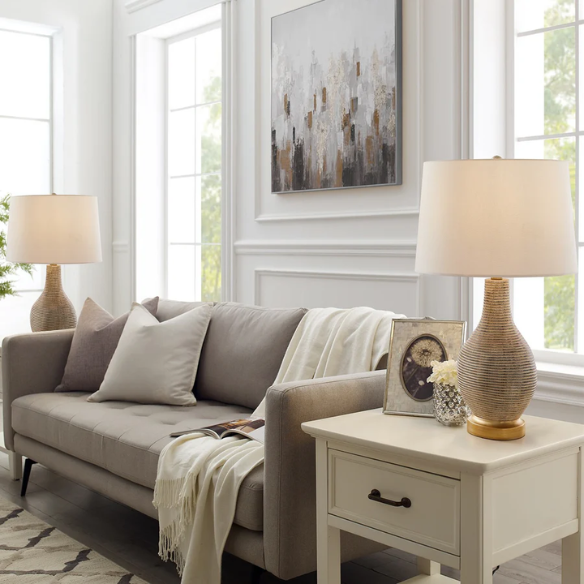 Set of two 24.5-inch Washed Beige and Gold Farmhouse Table Lamps with White Linen Drum Shades