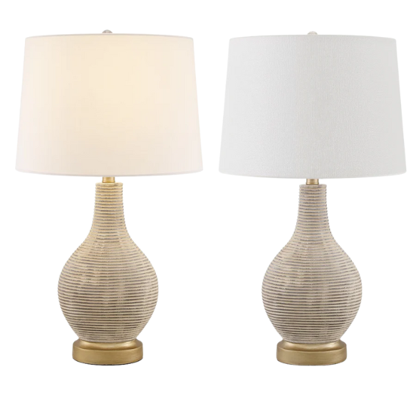 Set of two 24.5-inch Washed Beige and Gold Farmhouse Table Lamps with White Linen Drum Shades