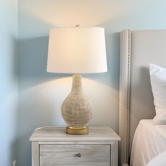 Set of two 24.5-inch Washed Beige and Gold Farmhouse Table Lamps with White Linen Drum Shades