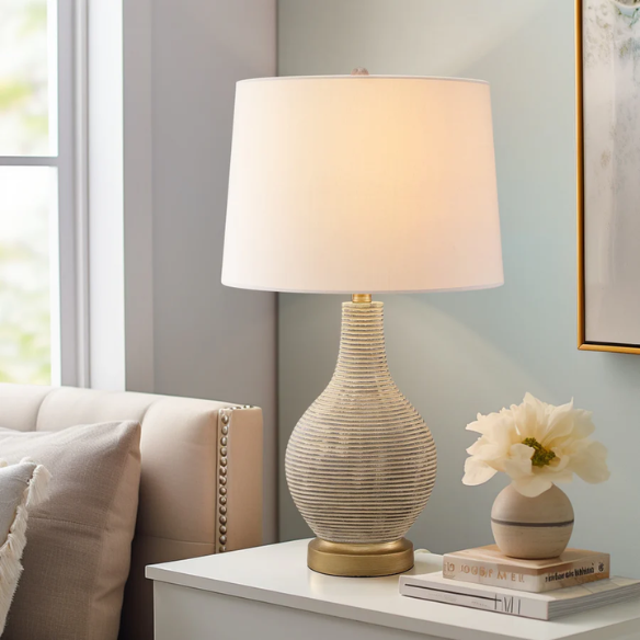 Set of two 24.5-inch Washed Beige and Gold Farmhouse Table Lamps with White Linen Drum Shades