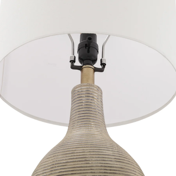 Set of two 24.5-inch Washed Beige and Gold Farmhouse Table Lamps with White Linen Drum Shades