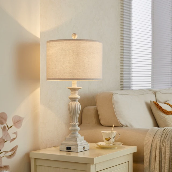 Set of 2 painted washed white resin table lamps with beige fabric drum shades, touch control dimming, built-in USB ports and AC outlet – perfect for farmhouse, coastal, or traditional décor