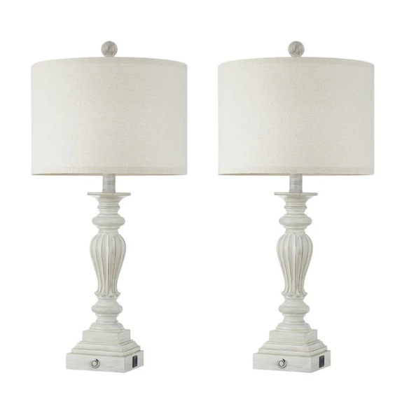 Set of 2 painted washed white resin table lamps with beige fabric drum shades, touch control dimming, built-in USB ports and AC outlet – perfect for farmhouse, coastal, or traditional décor