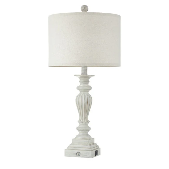 Set of 2 painted washed white resin table lamps with beige fabric drum shades, touch control dimming, built-in USB ports and AC outlet – perfect for farmhouse, coastal, or traditional décor