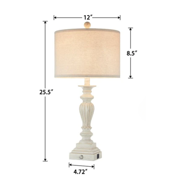 Set of 2 painted washed white resin table lamps with beige fabric drum shades, touch control dimming, built-in USB ports and AC outlet – perfect for farmhouse, coastal, or traditional décor