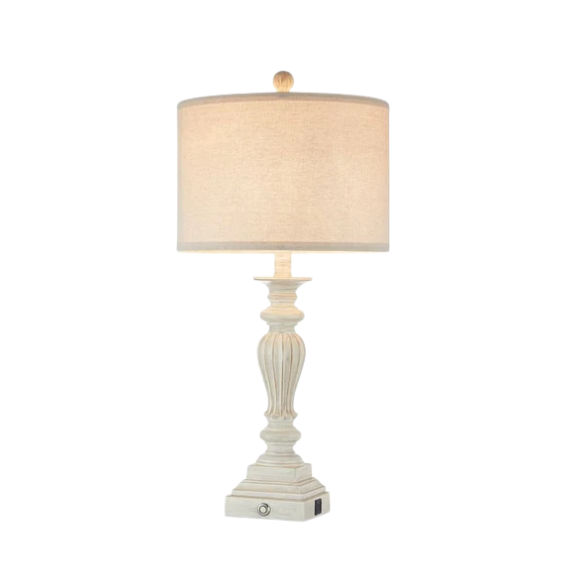 Set of 2 painted washed white resin table lamps with beige fabric drum shades, touch control dimming, built-in USB ports and AC outlet – perfect for farmhouse, coastal, or traditional décor