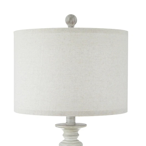 Set of 2 painted washed white resin table lamps with beige fabric drum shades, touch control dimming, built-in USB ports and AC outlet – perfect for farmhouse, coastal, or traditional décor