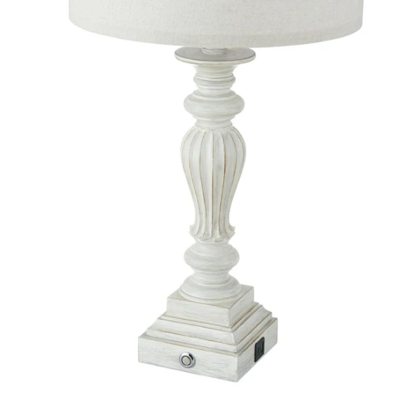 Set of 2 painted washed white resin table lamps with beige fabric drum shades, touch control dimming, built-in USB ports and AC outlet – perfect for farmhouse, coastal, or traditional décor