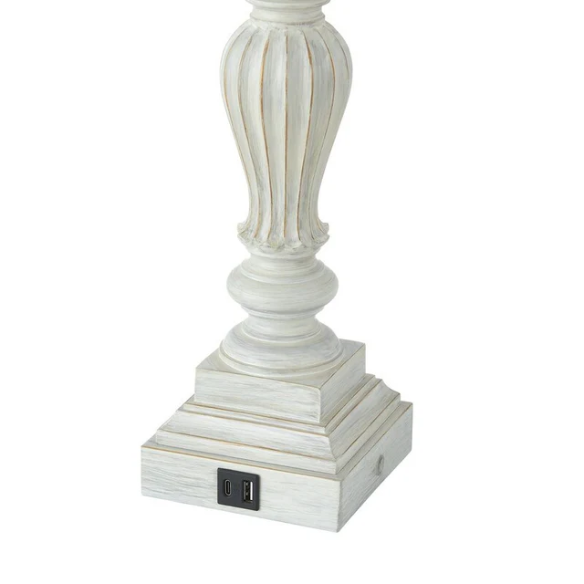 Set of 2 painted washed white resin table lamps with beige fabric drum shades, touch control dimming, built-in USB ports and AC outlet – perfect for farmhouse, coastal, or traditional décor