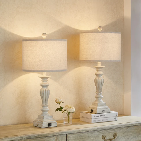 Set of 2 painted washed white resin table lamps with beige fabric drum shades, touch control dimming, built-in USB ports and AC outlet – perfect for farmhouse, coastal, or traditional décor