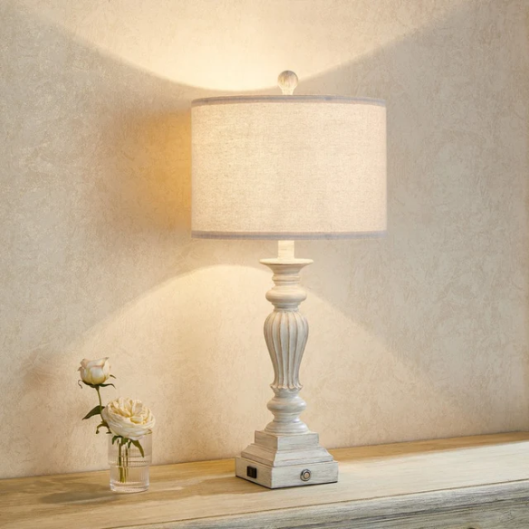 Set of 2 painted washed white resin table lamps with beige fabric drum shades, touch control dimming, built-in USB ports and AC outlet – perfect for farmhouse, coastal, or traditional décor