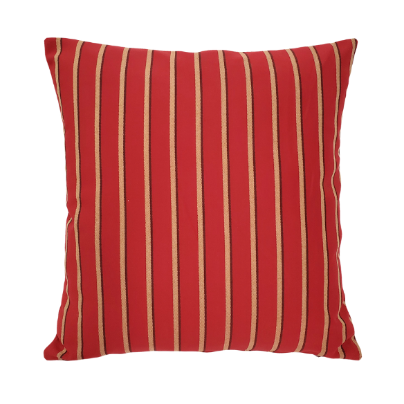 Weather-resistant striped accent pillow in red, tan, and black – durable, reversible, and mildew-resistant with overstuffed polyester fill, perfect for patio, deck, or living room décor.
