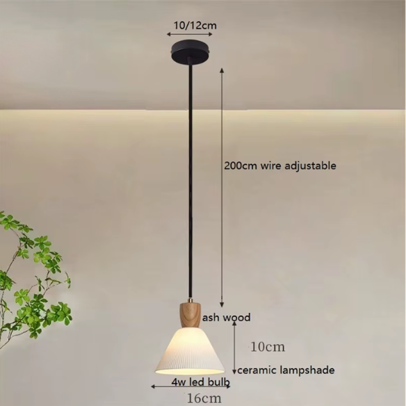 White ceramic pendant light with ash wood accent socket, adjustable hanging farmhouse chandelier.