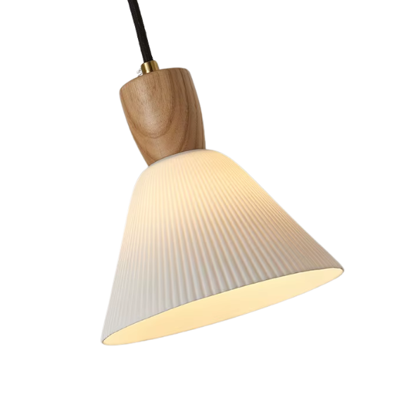 White ceramic pendant light with ash wood accent socket, adjustable hanging farmhouse chandelier.