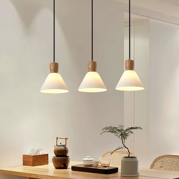 White ceramic pendant light with ash wood accent socket, adjustable hanging farmhouse chandelier.