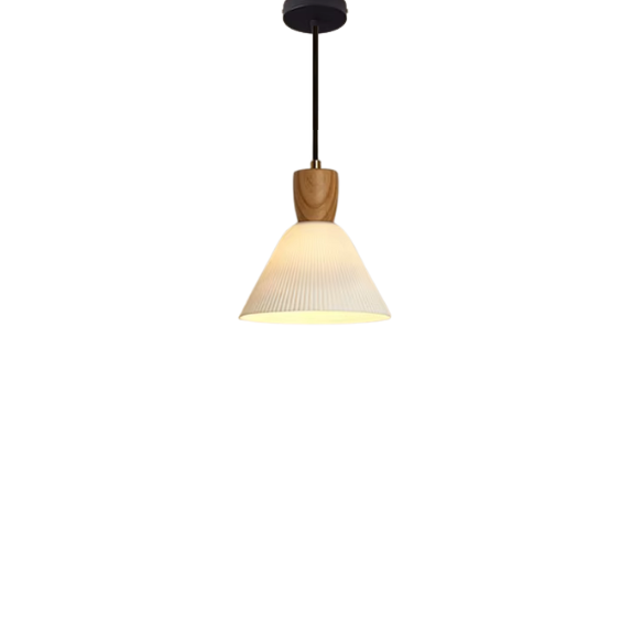 White ceramic pendant light with ash wood accent socket, adjustable hanging farmhouse chandelier.