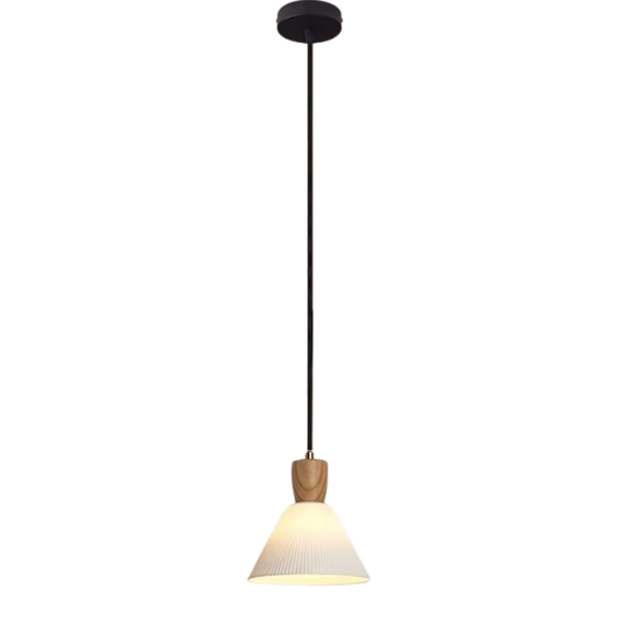 White ceramic pendant light with ash wood accent socket, adjustable hanging farmhouse chandelier.