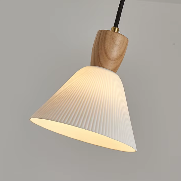 White ceramic pendant light with ash wood accent socket, adjustable hanging farmhouse chandelier.