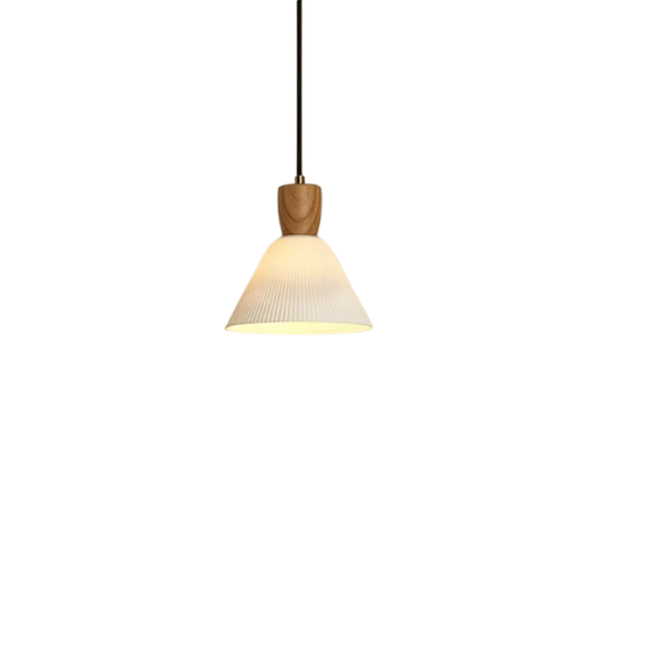 White ceramic pendant light with ash wood accent socket, adjustable hanging farmhouse chandelier.