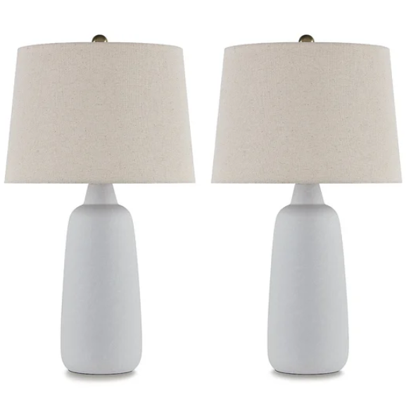 Set of two white ceramic table lamps with textured conical bases and modified drum fabric shades, 3-way switch, 26.5 inches tall.