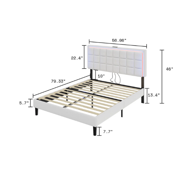 White full size upholstered platform bed with button-tufted headboard, LED lighting, and built-in charging station.