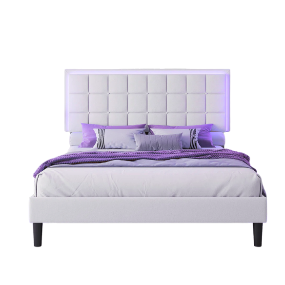 White full size upholstered platform bed with button-tufted headboard, LED lighting, and built-in charging station.