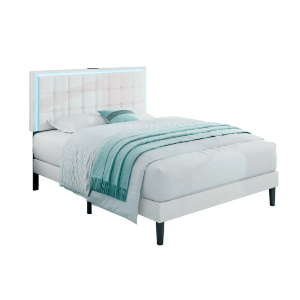 White full size upholstered platform bed with button-tufted headboard, LED lighting, and built-in charging station.