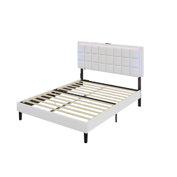 White full size upholstered platform bed with button-tufted headboard, LED lighting, and built-in charging station.
