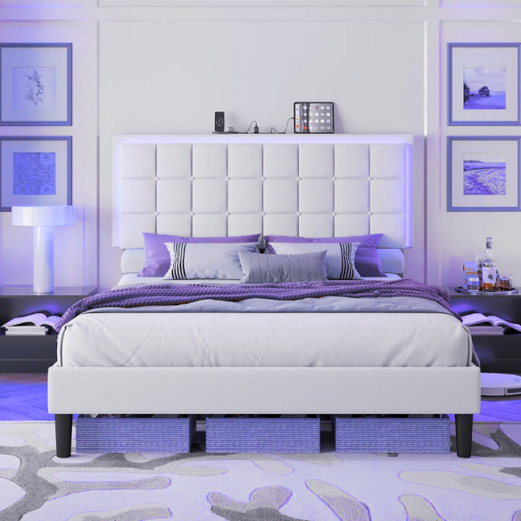 White full size upholstered platform bed with button-tufted headboard, LED lighting, and built-in charging station.