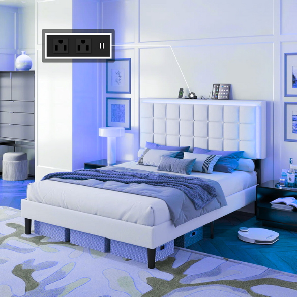 White full size upholstered platform bed with button-tufted headboard, LED lighting, and built-in charging station.