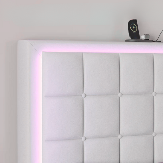 White full size upholstered platform bed with button-tufted headboard, LED lighting, and built-in charging station.