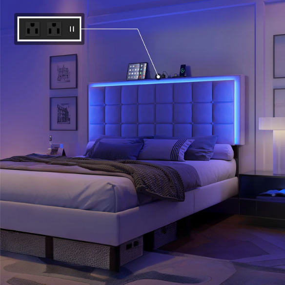 White full size upholstered platform bed with button-tufted headboard, LED lighting, and built-in charging station.