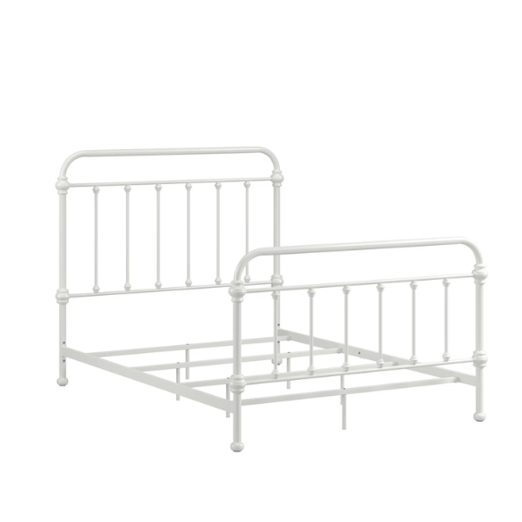 White full size metal bed frame with spindle headboard and footboard, decorative finials, and center support legs.