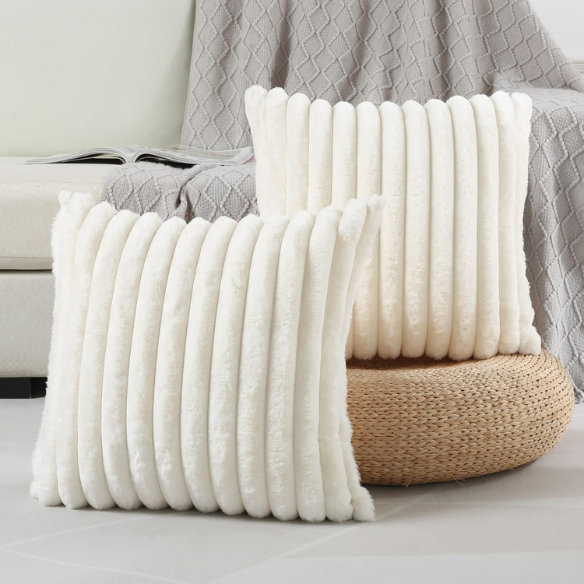 Soft white striped throw pillow cover with faux wool front and velvet back, 16x16 size.