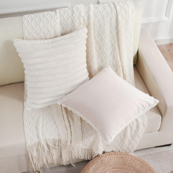 Soft white striped throw pillow cover with faux wool front and velvet back, 16x16 size.