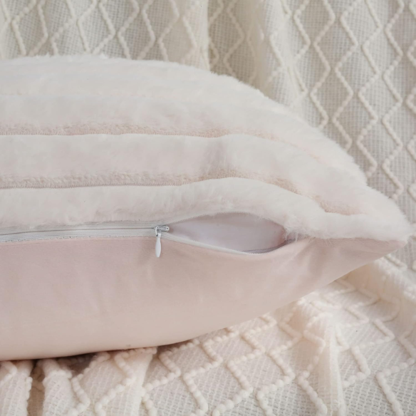 Soft white striped throw pillow cover with faux wool front and velvet back, 16x16 size.