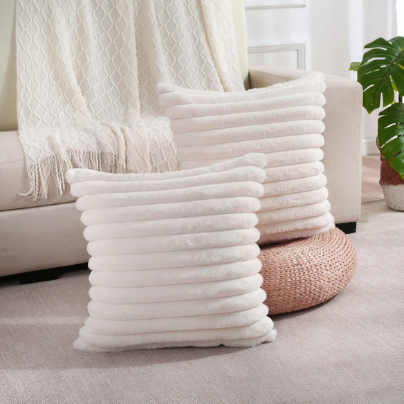 Soft white striped throw pillow cover with faux wool front and velvet back, 16x16 size.