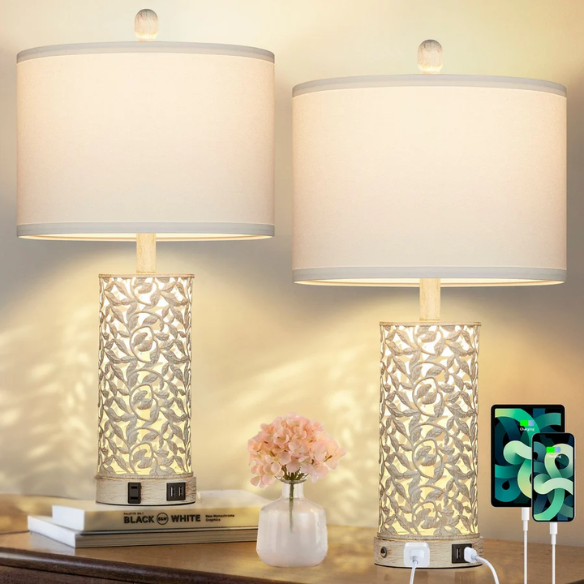Set of 2 white table lamps with LED nightlight, built-in USB charging ports and AC outlet, touch and rotary switches, and fabric drum shades – perfect for bedside or living room lighting