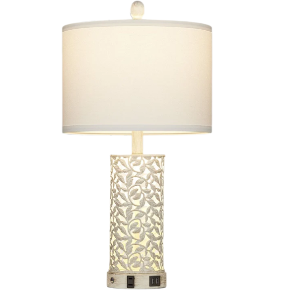 Set of 2 white table lamps with LED nightlight, built-in USB charging ports and AC outlet, touch and rotary switches, and fabric drum shades – perfect for bedside or living room lighting